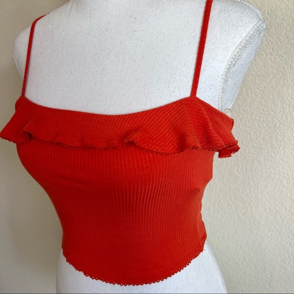 Forever 21 Orange Red Ruffle Neck Ribbed Crop Tank Top - Picture 8 of 9